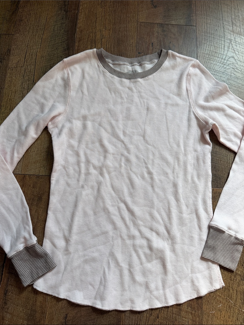 Women's Long-Sleeve Waffle Thermal Tee - Light Pink with Striped Trim